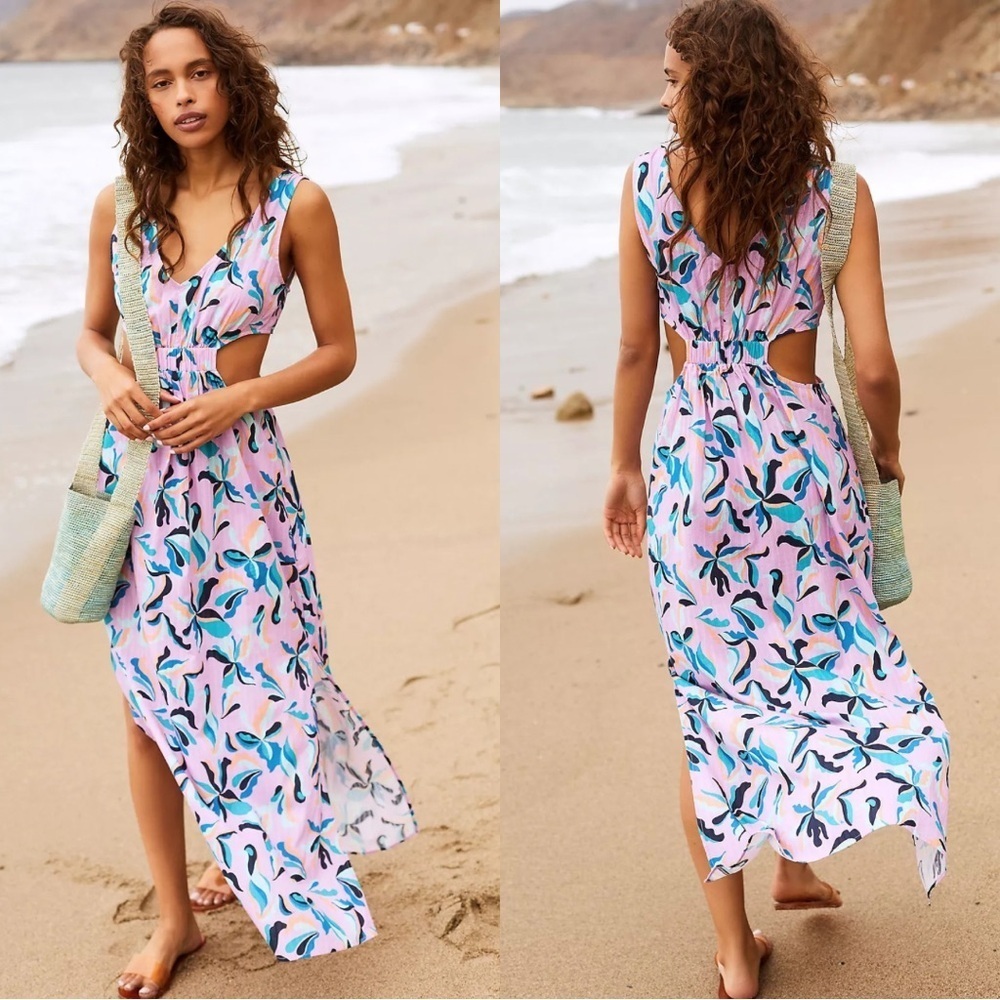 Anthropologie Botanical Cut Out Maxi Dress in Mauve Floral Size Small